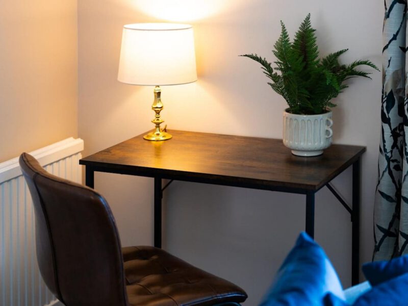 Desk with lamp and plant in Coastal Village Hideaway holiday let.