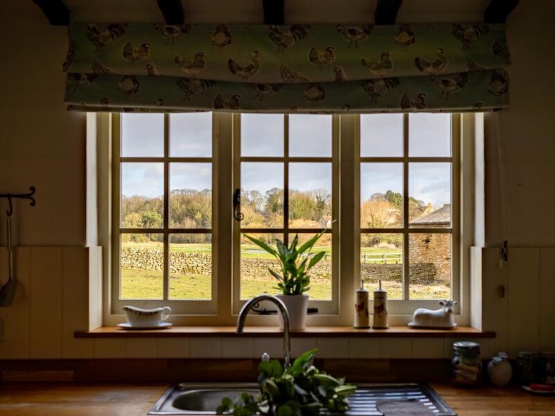 Yew Tree Cottage farm stay kitchen window with countryside views.