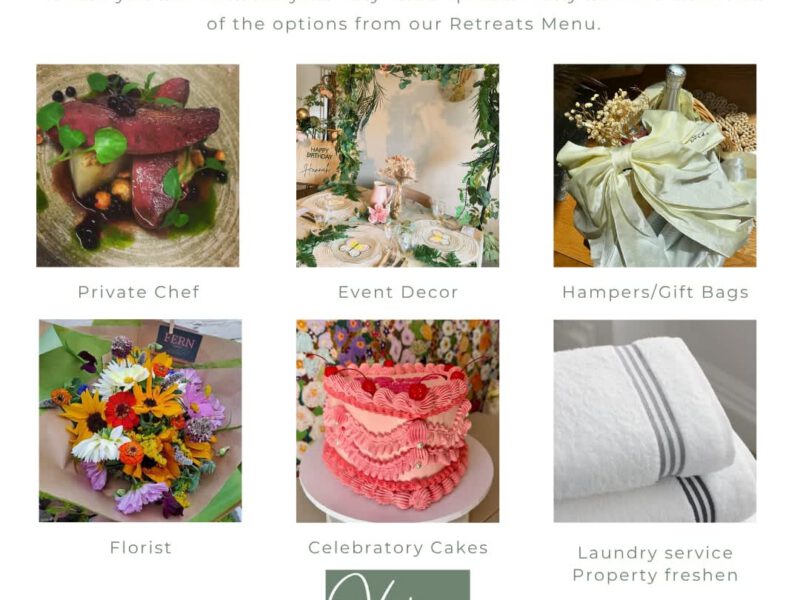 Retreats menu options: private chef, event decor, hampers, florist, cakes, laundry.