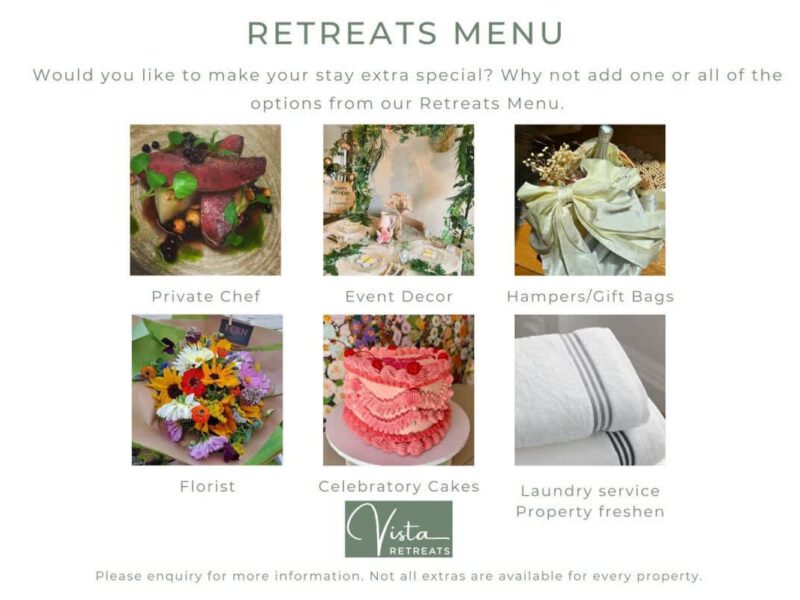 Retreats menu options: private chef, event decor, hampers, florist, cakes, laundry.