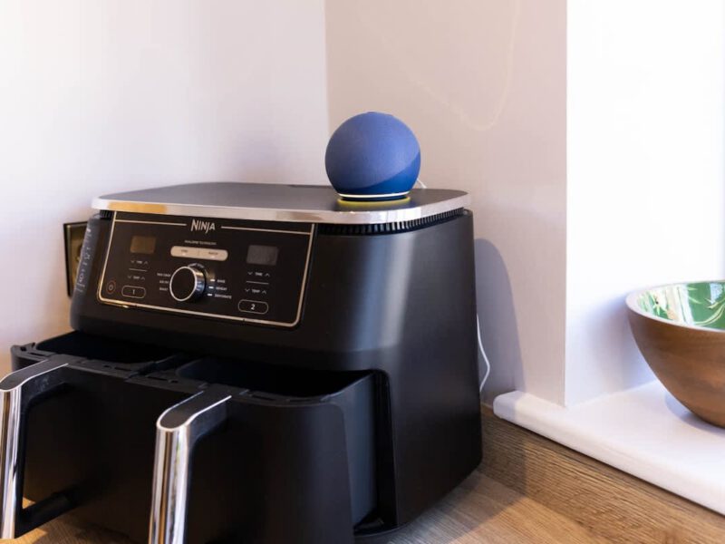 Ninja air fryer with smart speaker in Castle View Cottage kitchen.