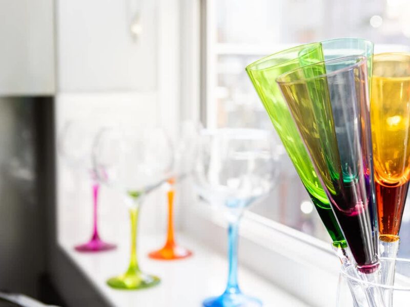 Colorful champagne flutes and wine glasses at Townhouse Harbour Retreat.