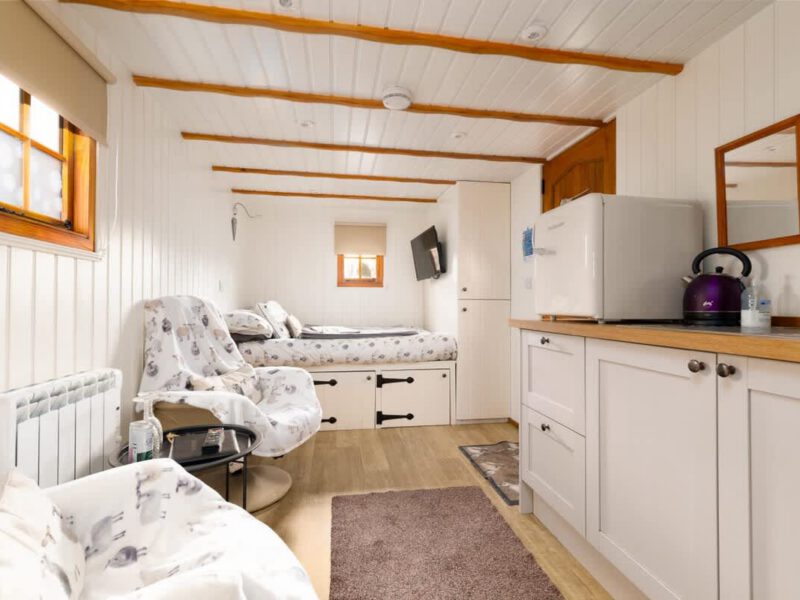 Cosy Shepherd's Hut interior with compact kitchen and sleeping area.