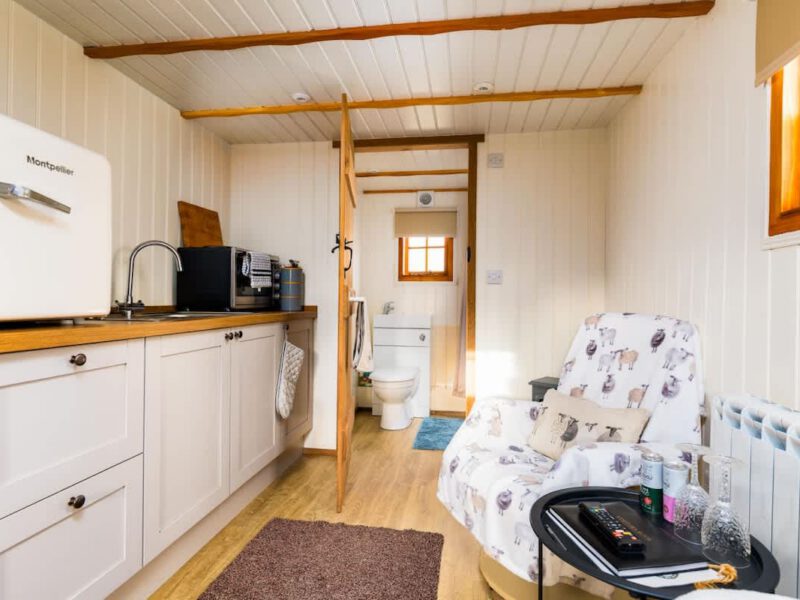 Cosy Shepherd's Hut interior with kitchenette and seating area.