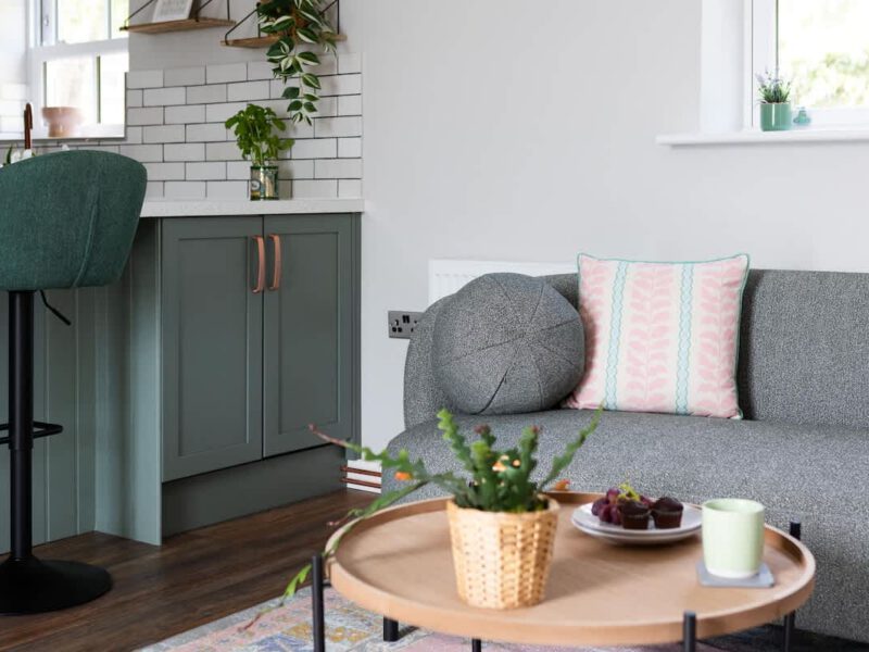 Cosy living area with kitchen counter at Ivy Mews barn, sleeps 2.
