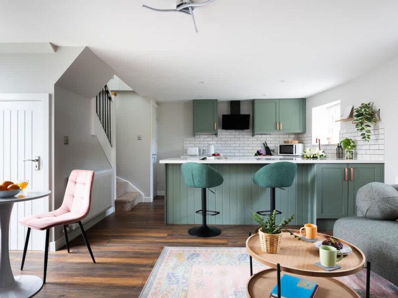 Modern open-plan living area and kitchen at Ivy Mews village barn.
