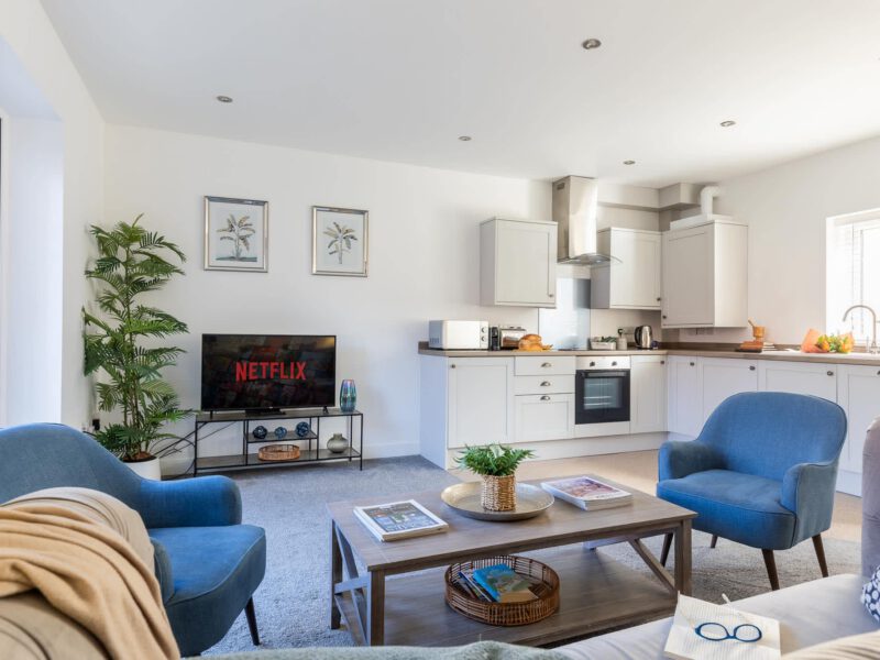 Living area and kitchen at Welton View Escape holiday let.