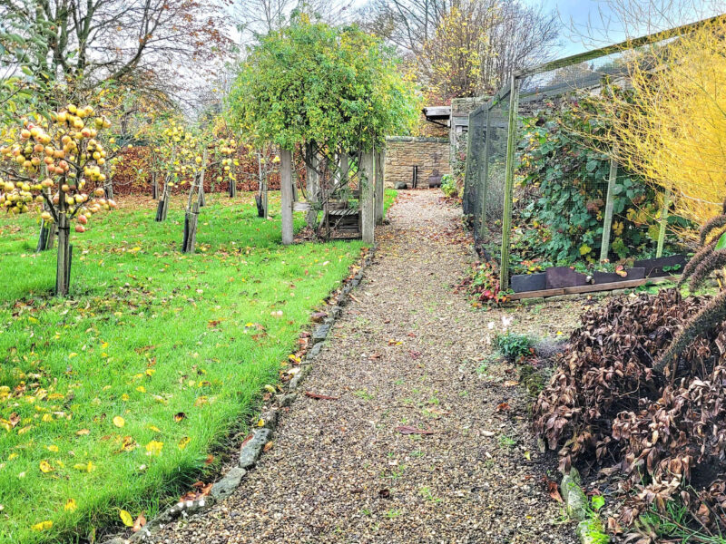Path through apple orchard to Plank Bridge shepherds hut, sleeps 2.