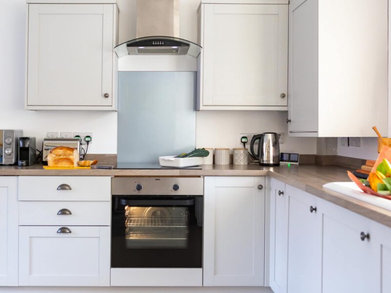 Modern kitchen with oven and toaster at Welton View Escape holiday let.