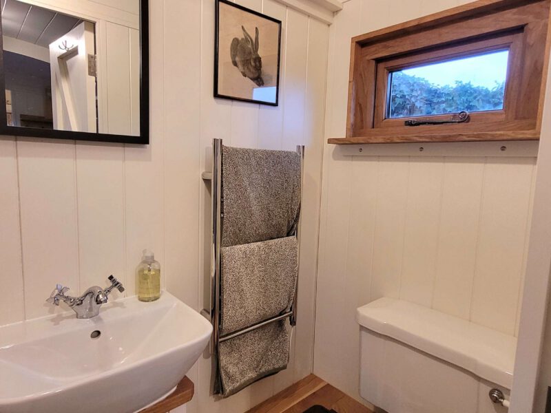 Plank Bridge shepherds hut bathroom with sink, toilet, and window view.