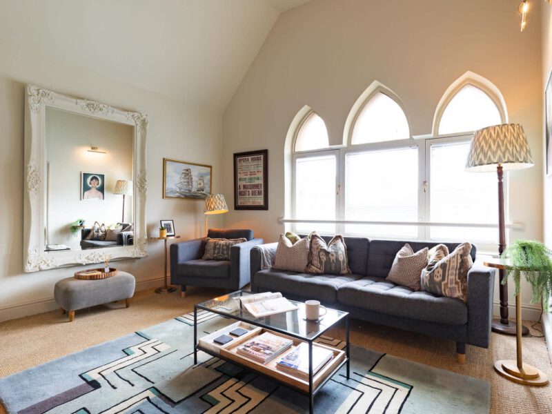 Stylish living room at The Loft by the Bay holiday let, sleeps 4.