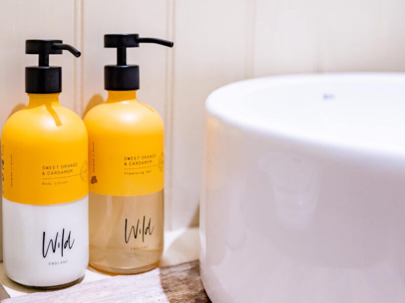 Wild England toiletries by a sink at Harbour View House.
