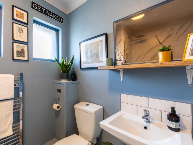 Stylish bathroom at The Loft by the Bay holiday let, featuring a sink, toilet, and shower.