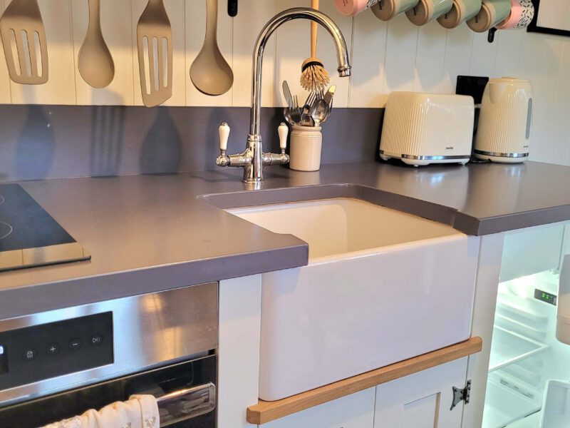 Modern kitchen amenities at Plank Bridge shepherds hut, sleeps 2.