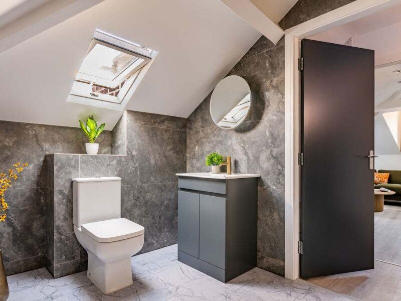 Modern bathroom with skylight at Albemarle Chambers central retreat.