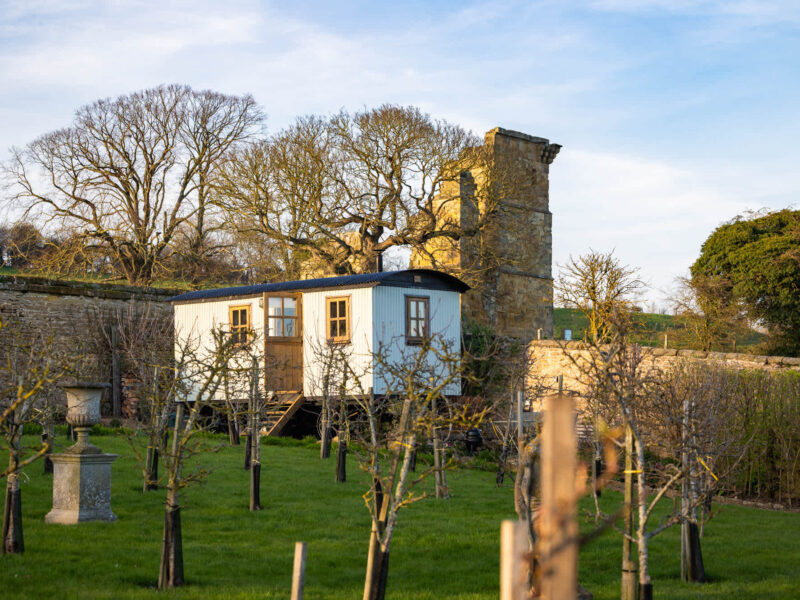 Plank Bridge shepherds hut nestled in an apple orchard with historic ruins.