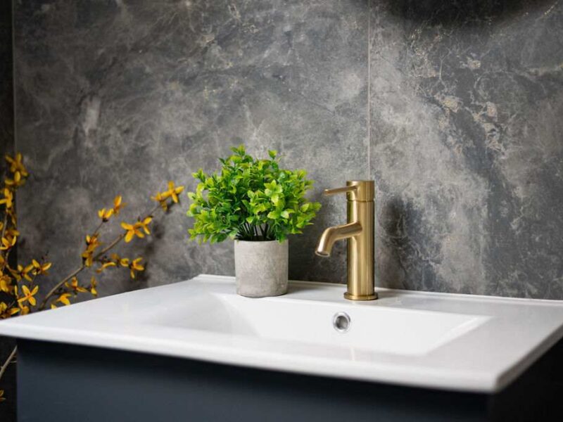 Modern bathroom sink with gold faucet and plant at Albemarle Chambers.