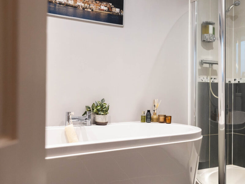 Modern bathroom with freestanding tub and shower at East Wing holiday let.