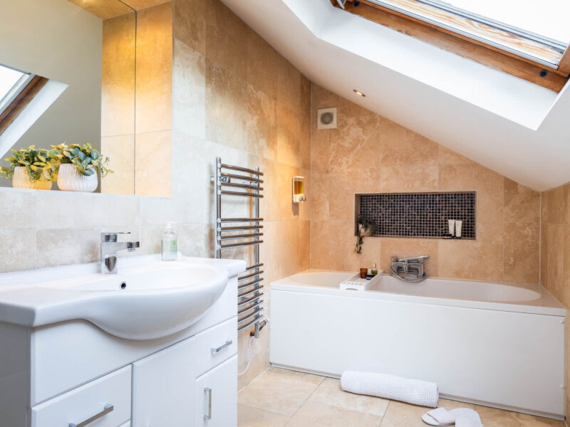 Modern bathroom with skylight at East Wing country property.