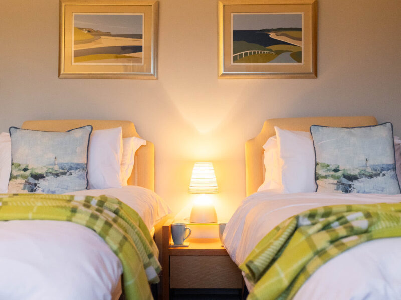 Twin beds with coastal art in East Wing holiday accommodation.