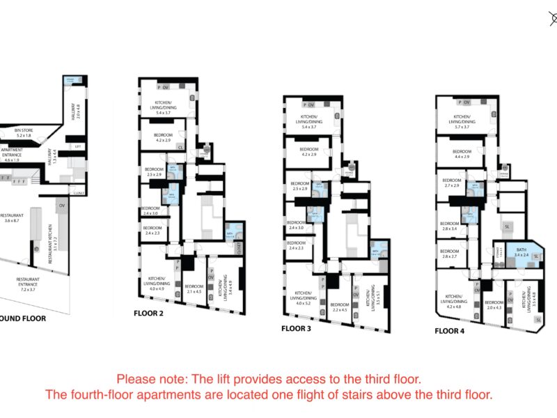 Floor plans for Albemarle Chambers central retreat, showing multiple apartments.