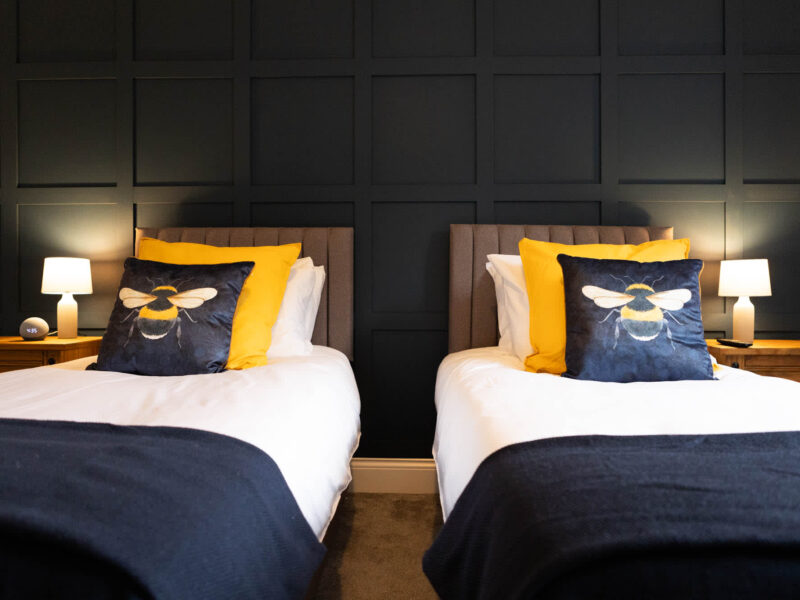 Twin beds with bumblebee cushions at Malton Luxury Retreat holiday let.