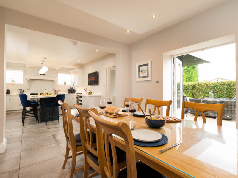 Dining area and open-plan kitchen at Malton Luxury Retreat, sleeps 10.