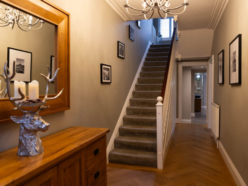 Elegant hallway and staircase at Malton Luxury Retreat holiday let.